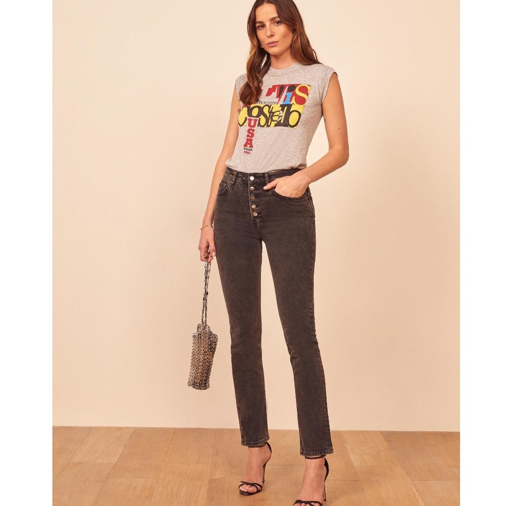 Reformation Liza High Straight Button Fly Jeans 31"/ Size 26 / Yuma Black